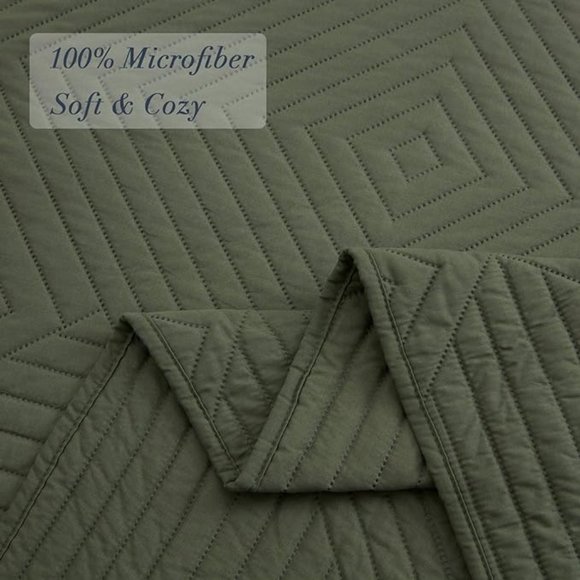 SunStyle Home Quilt Set 3 Pieces Queen Quilt Set Olive Green Soft Microfiber - Picture 10 of 11